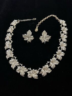 1669 Coro Silver-Tone Floral Textured Necklace and Earrings Set
